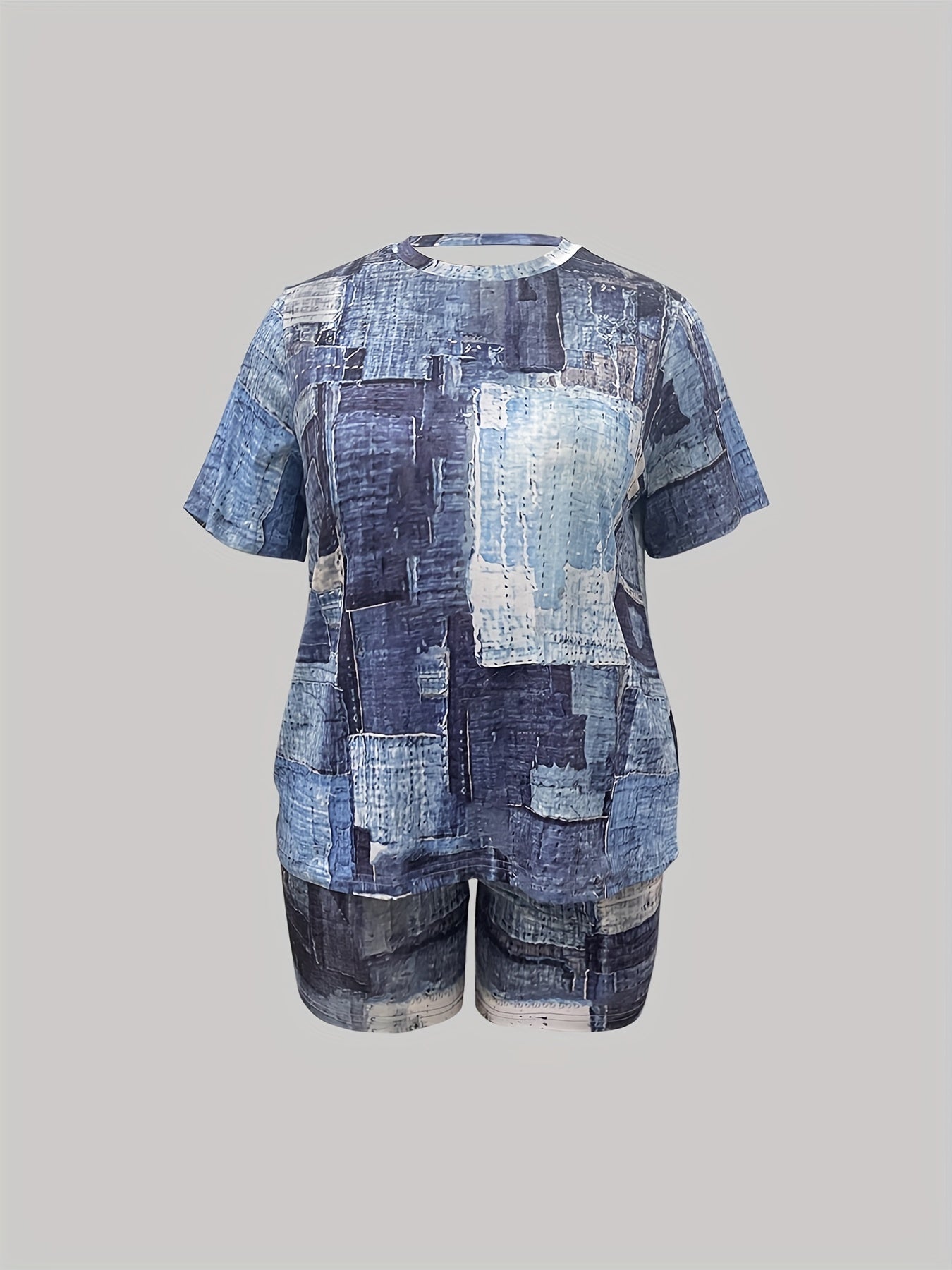 Women's Plus Denim Print Short Sleeve Top & Shorts Set