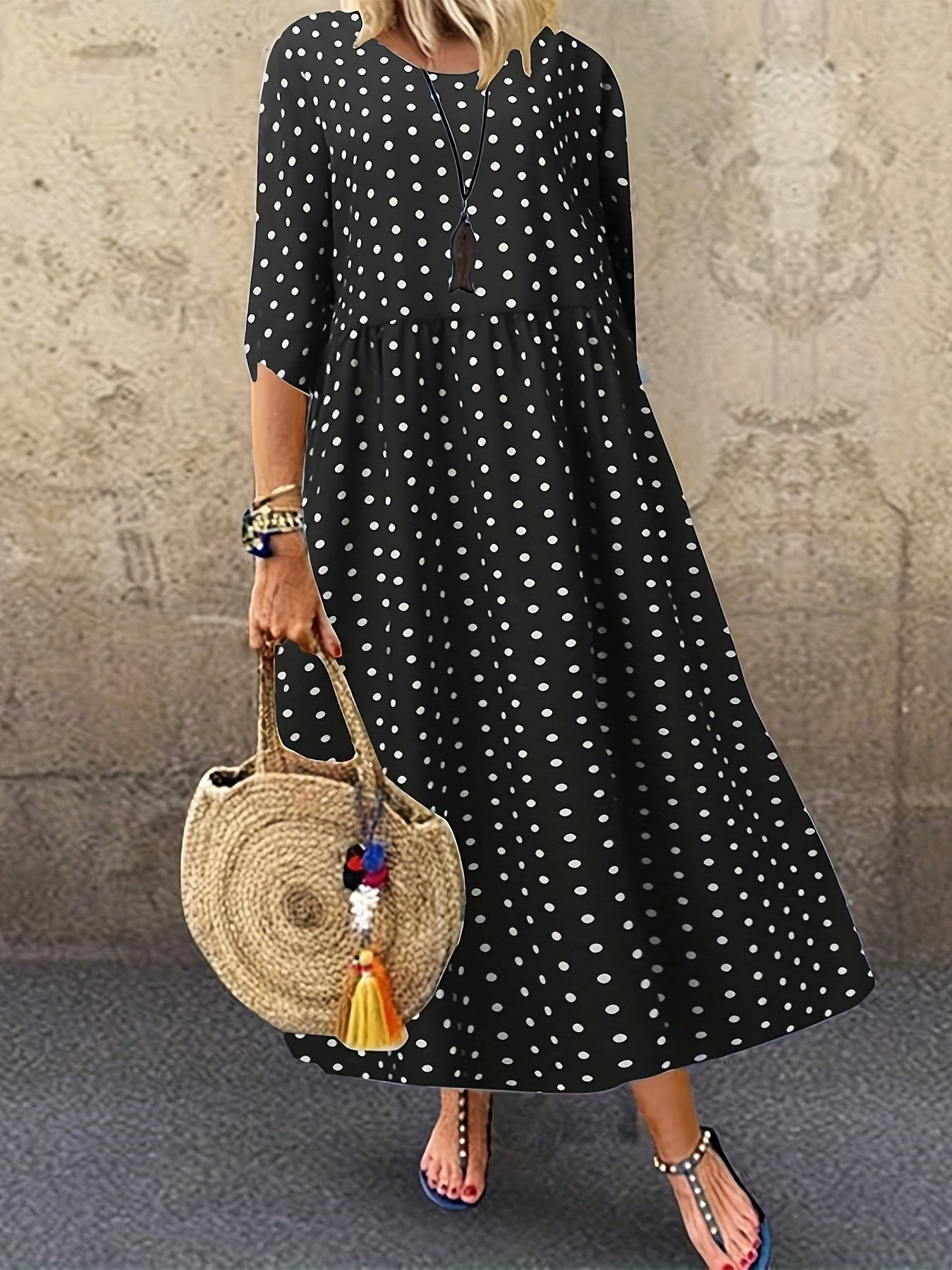  Polka Dot Print Half Sleeve Maxi Dress