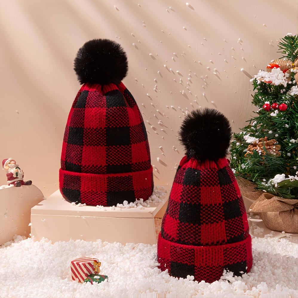 Red & Plaid Christmas Pom Pom Hat Set