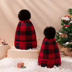 Red & Plaid Christmas Pom Pom Hat Set