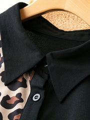  Colorblock Leopard Print Button Up Blouse