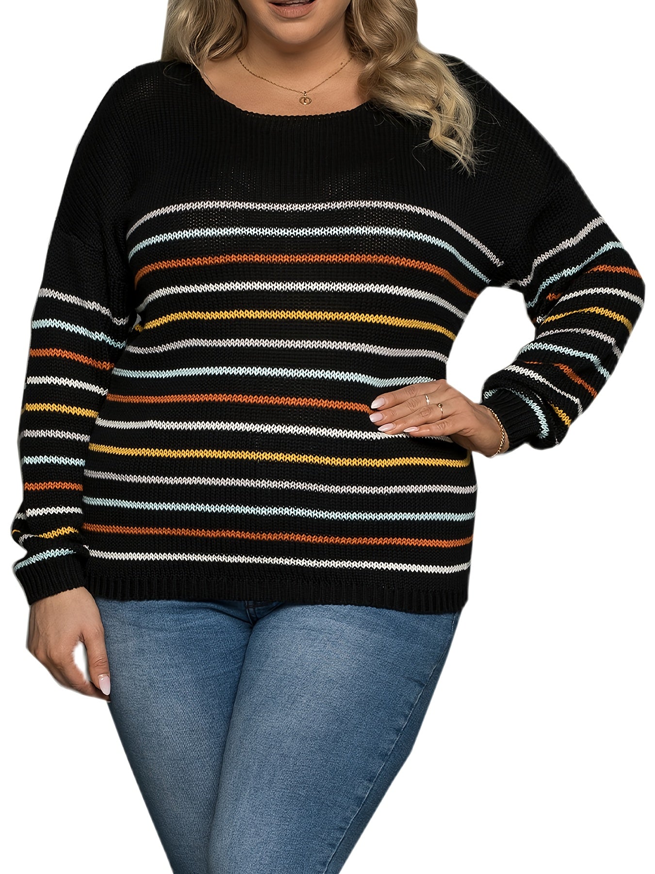  Colorful Stripe Print Long Sleeve Round Neck Pullover Sweater