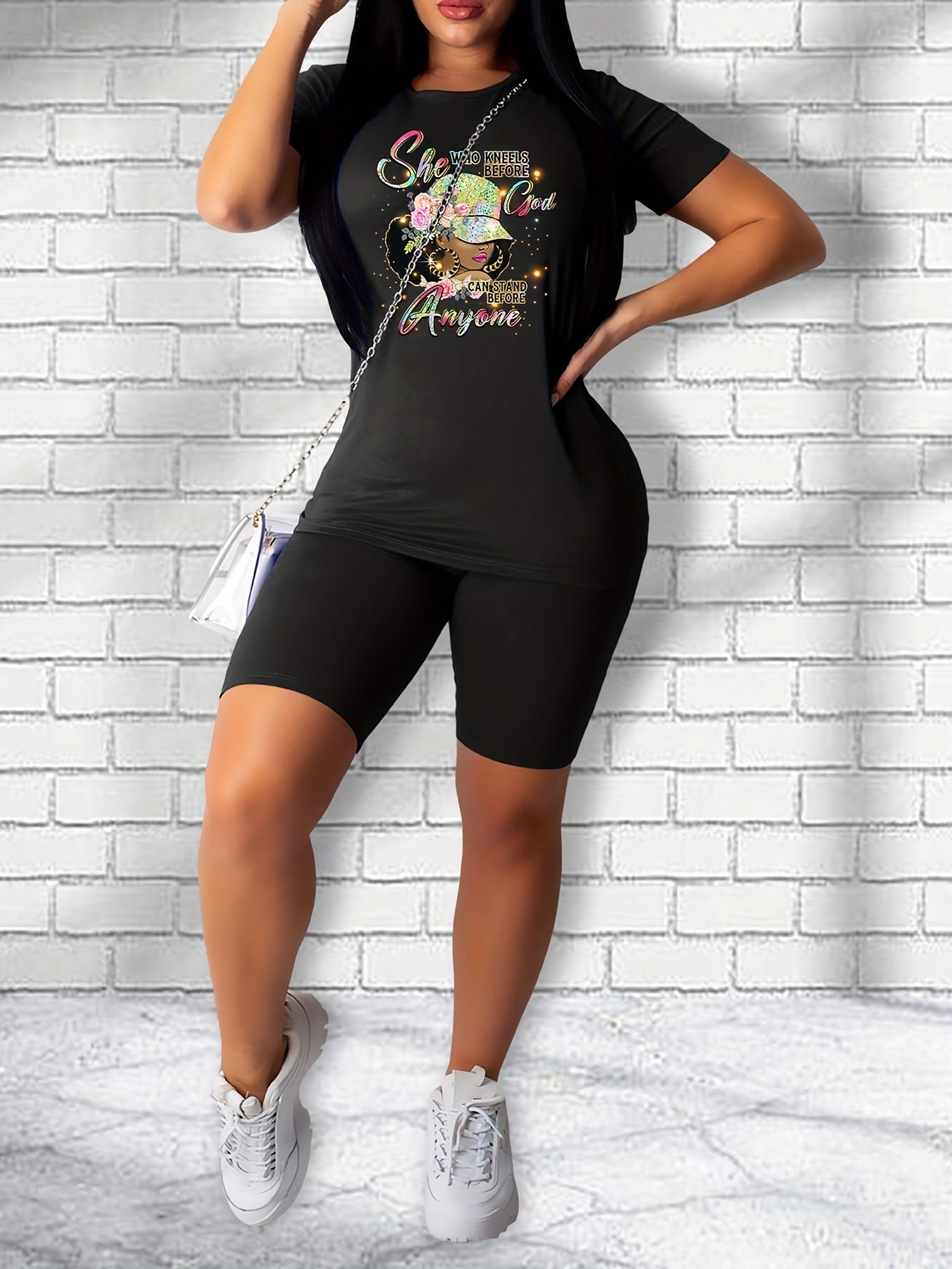Graphic Print Tee & Slim Shorts Set Women's Clothing