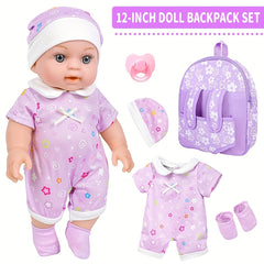 12 Inch Silicone Doll Backpack Playset with Washable Doll Accessories