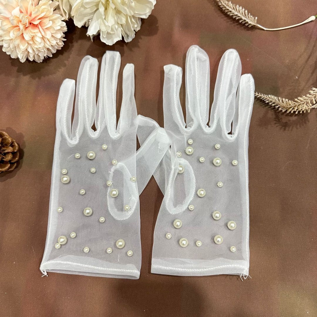 Short Lace Gloves with Pearl Embellishments for Weddings