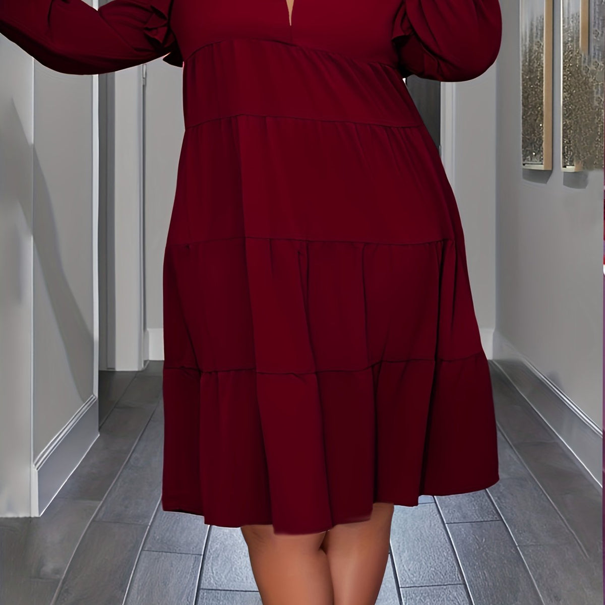  Casual Dress Solid Ruffle Trim Shirred Long Sleeve Lapel Collar Dress