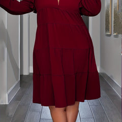 Casual Dress Solid Ruffle Trim Shirred Long Sleeve Lapel Collar Dress