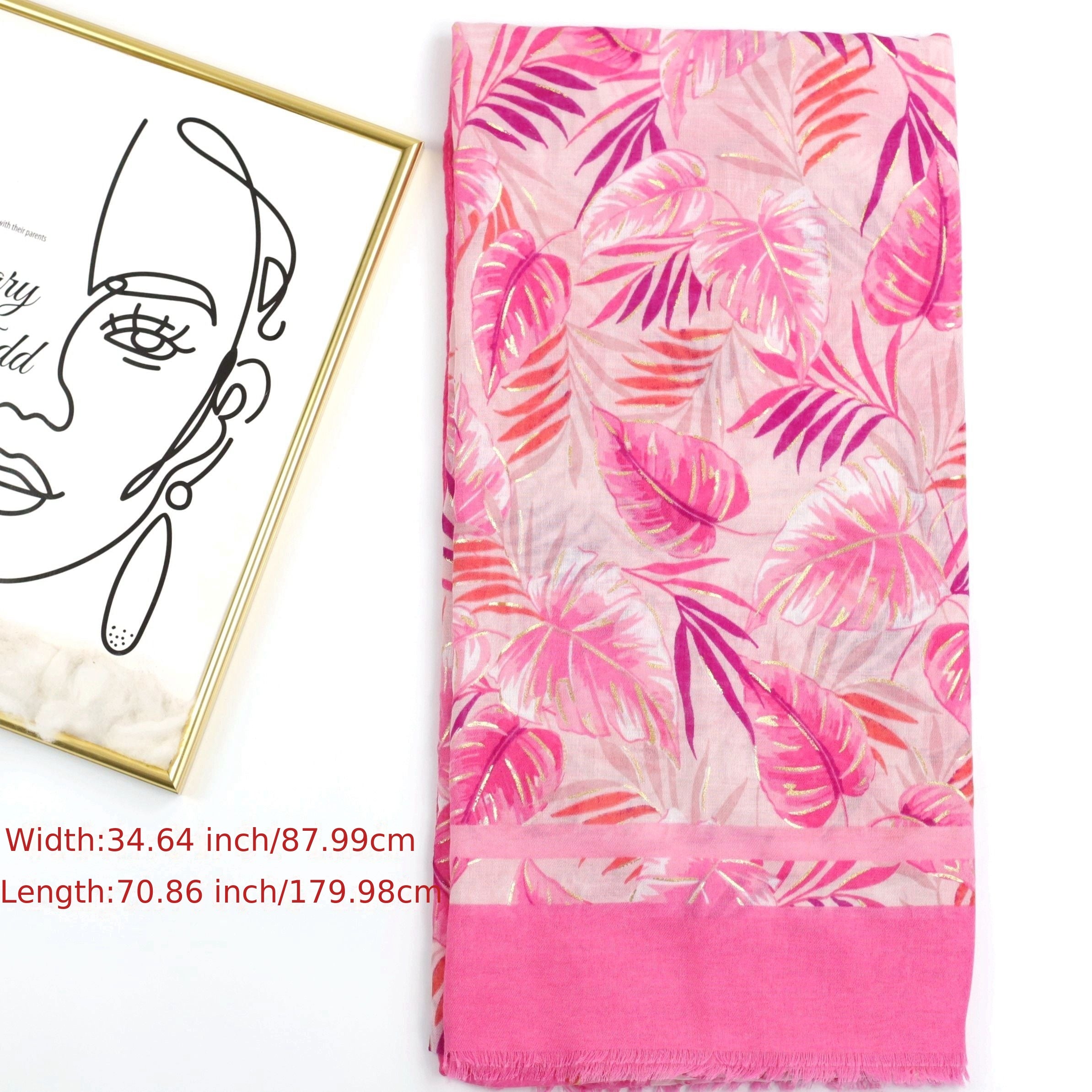 Leaf Print Raw Trim Scarf Shawl - Head Wrap Casual Decoration Gift