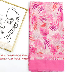 Leaf Print Raw Trim Scarf Shawl - Head Wrap Casual Decoration Gift