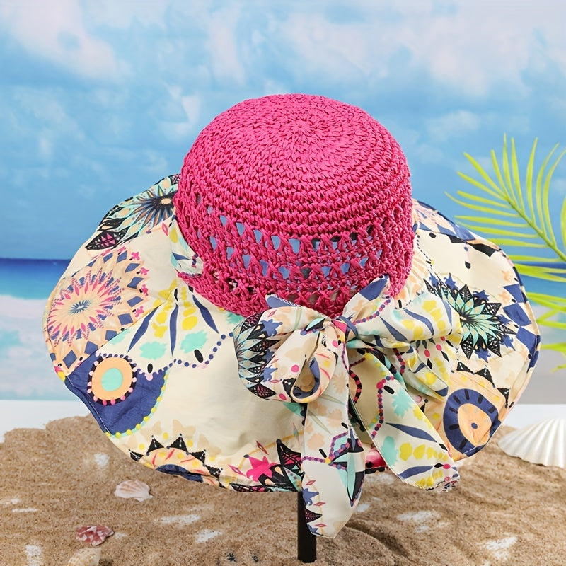 Boho Print Stitching Sun Hat Wide Brim Vintage Crochet Straw Hat