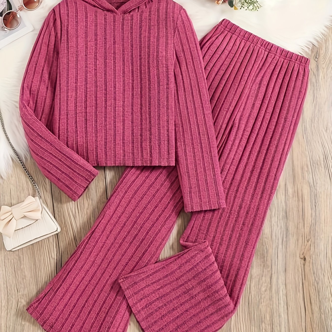  Ribbed Knit Long Sleeve Hoodie & Flared Leg Pants Lounge Set