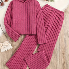  Ribbed Knit Long Sleeve Hoodie & Flared Leg Pants Lounge Set