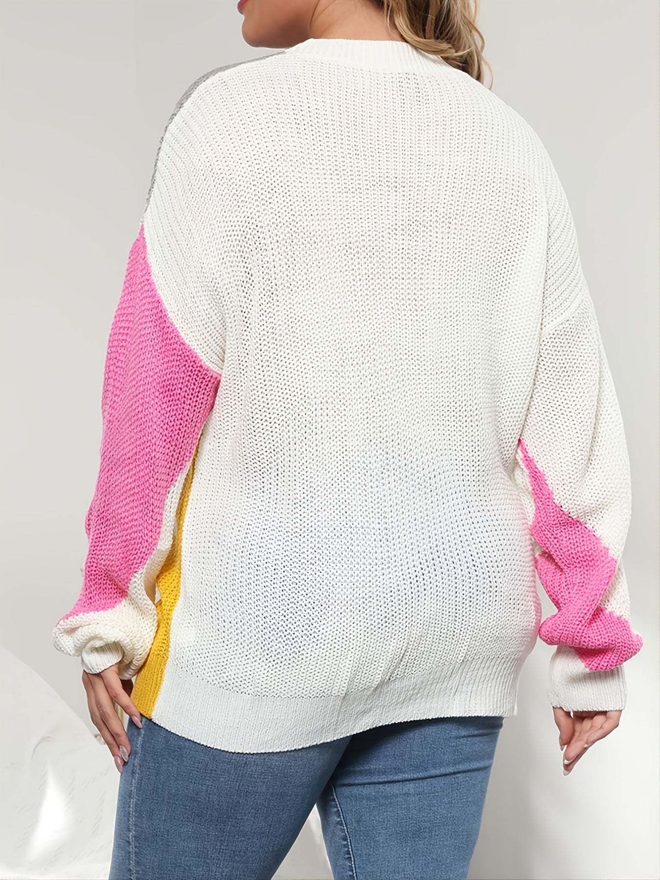  Colorblock Round Neck Sweaters Women's Plus High Stretch Loose Fit