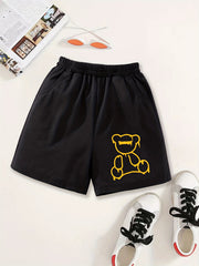 Girls Bear Figure Print Casual Sweat Shorts Elastic Waist Work Out Shorts