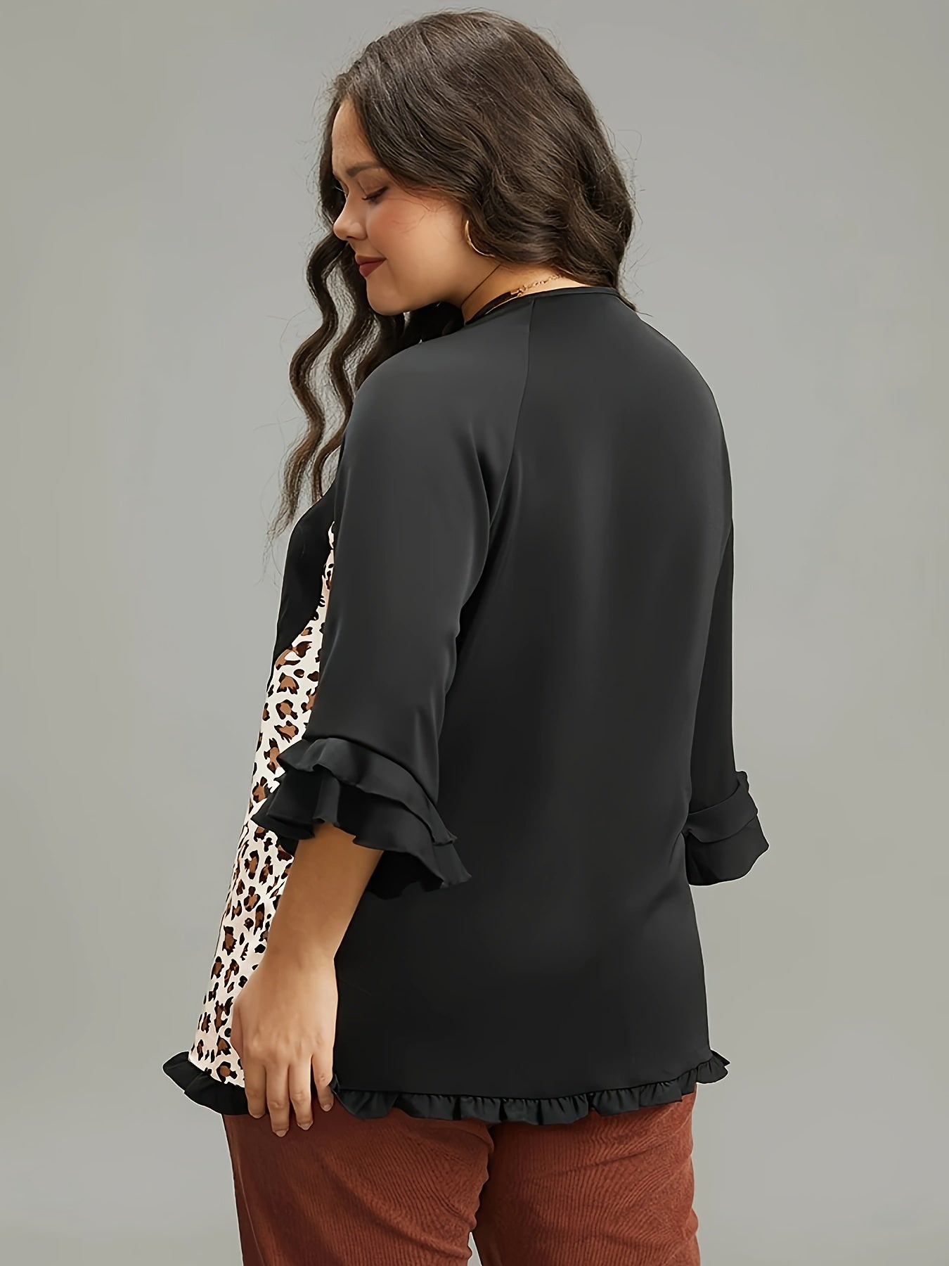  Colorblock Leopard Print Ruffle Bell Sleeve Blouse