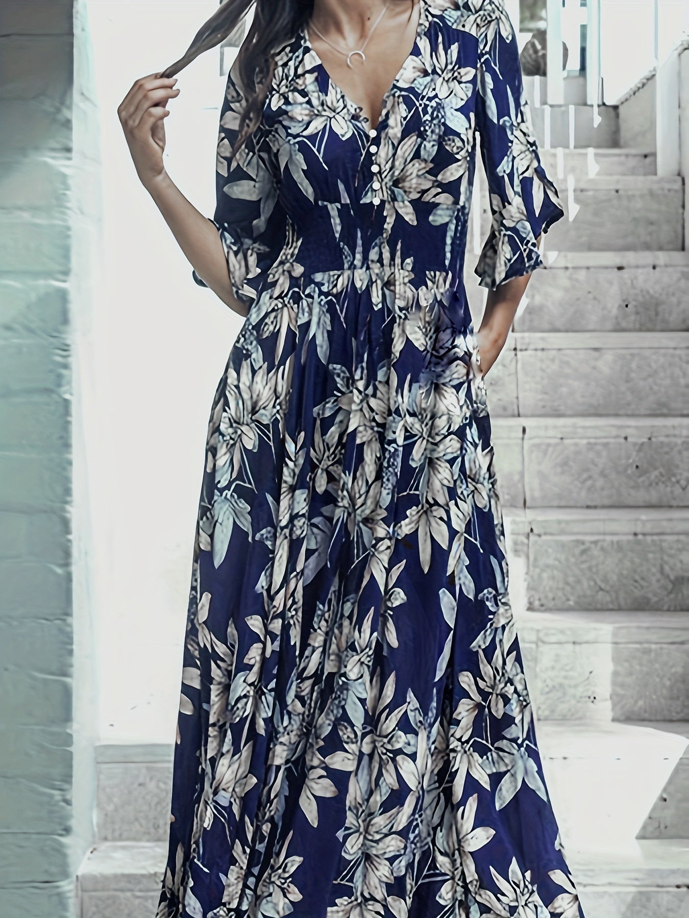 Floral Print Half Sleeve Maxi Dress