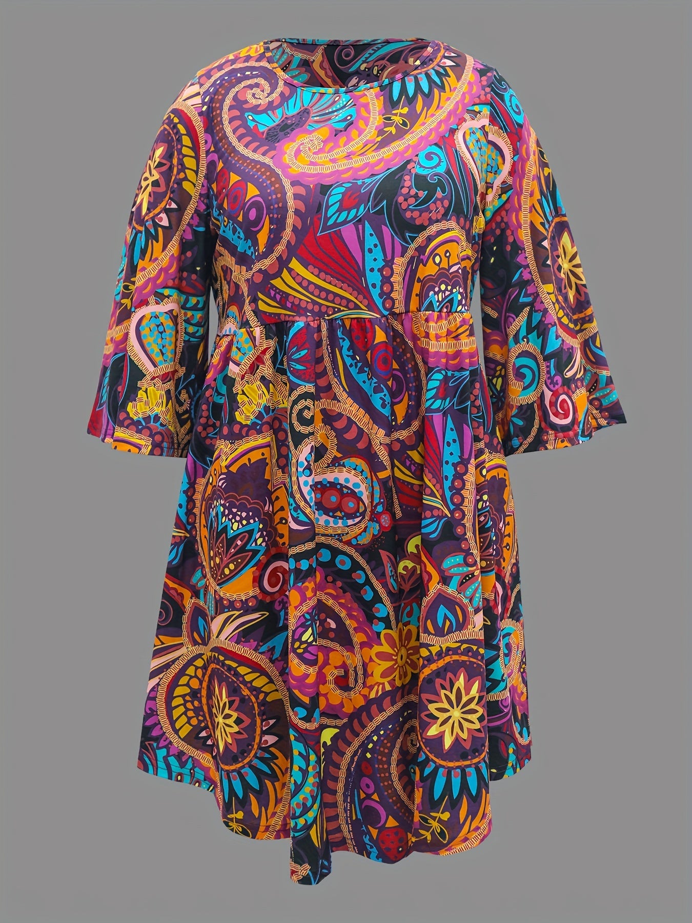  Boho Dress Women's Plus Paisley Floral Print Three Quarter Sleeve