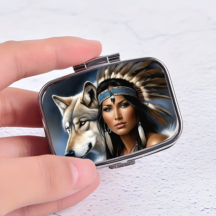 Medicine Organizer Wolf Girl 2 Compartments Metal Storage Box