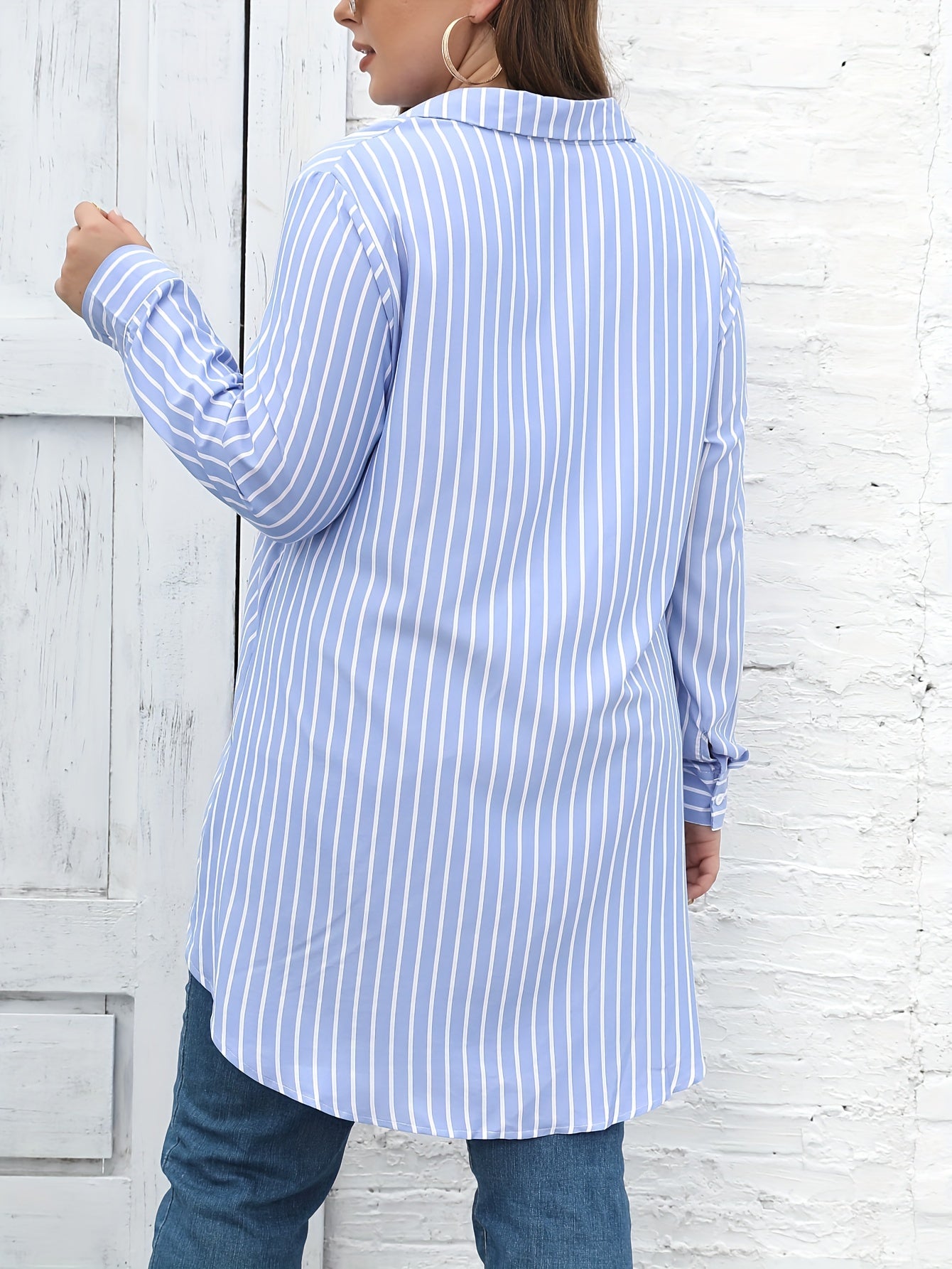  Stripe Print Button Up Long Sleeve Tunic Blouse