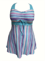  Modest Tankini Set Women's Plus Striped Print Swimsuit Two Piece Set