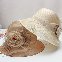 Breathable Organza Sun Hat with Flower Decor Mesh Bucket Hats