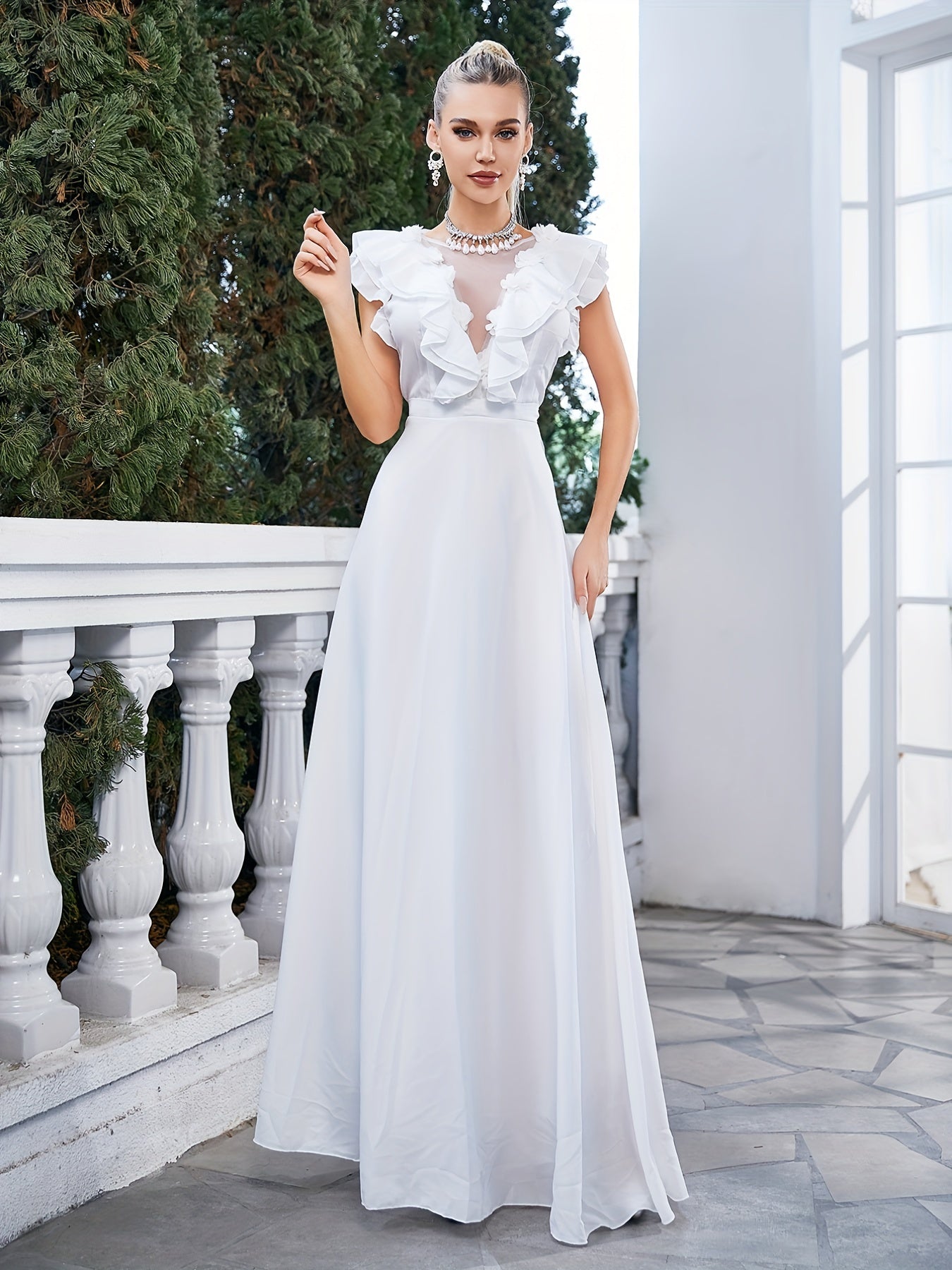 Ruffle Trim Maxi Wedding Dress Sleeveless Dress For Wedding Party