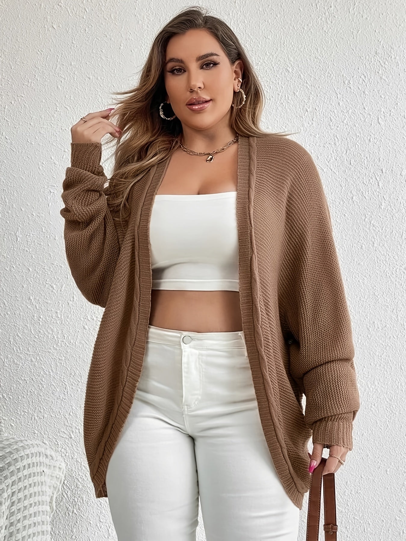 Casual Cardigan Women's Plain Jacquard Eyelet Waffle