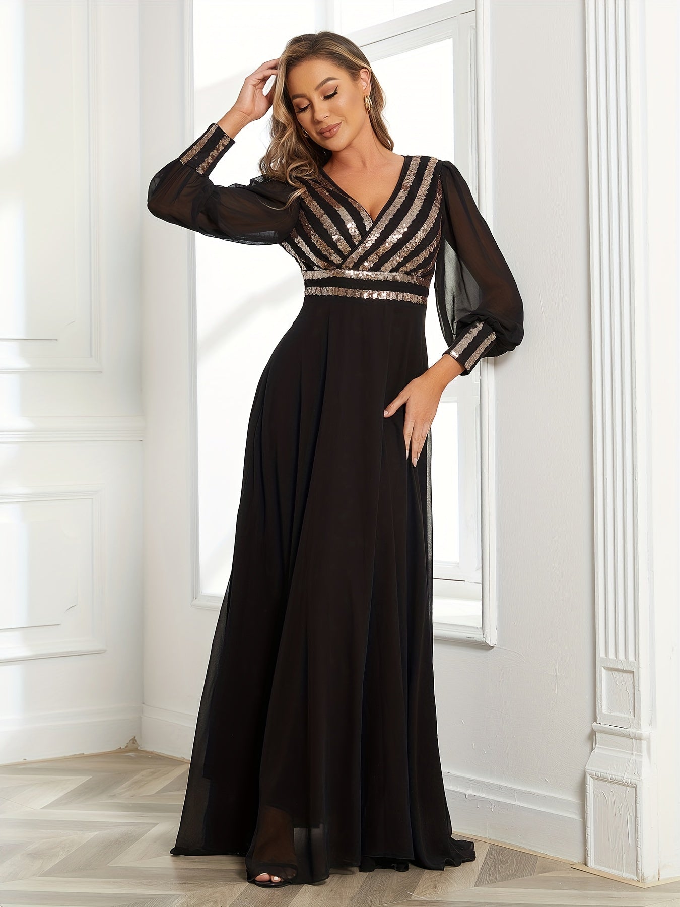 Sequined Surplice Neck Dress Sleeveless Ankle Dress for Party