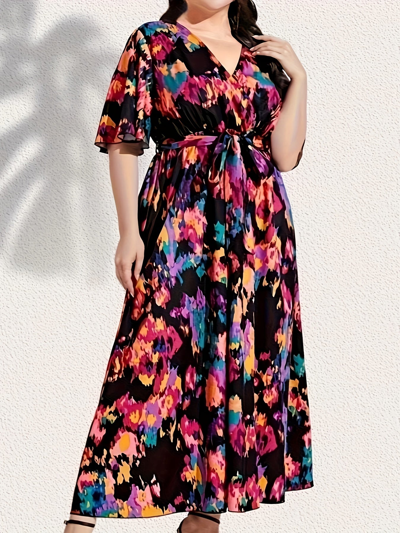  Boho Butterfly Sleeve Maxi Dress With Belt
