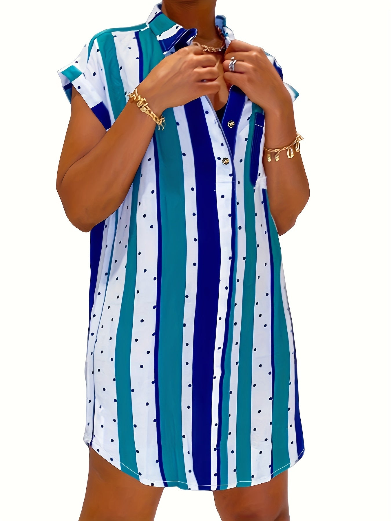  Polka Dot & Stripe Print Shirt Dress