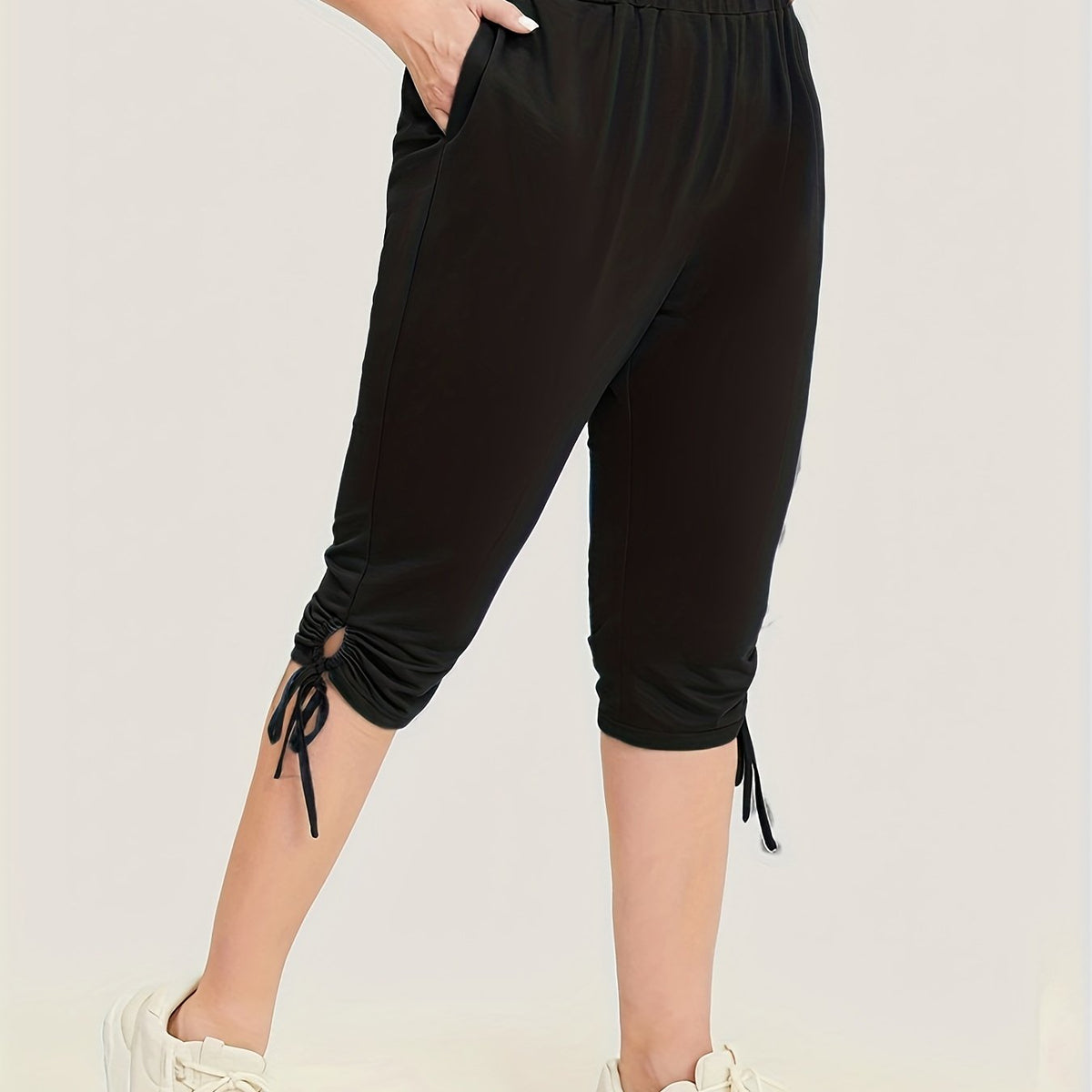 Solid Drawstring Skinny Capris Leggings Casual Crop Leggings