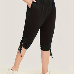 Solid Drawstring Skinny Capris Leggings Casual Crop Leggings