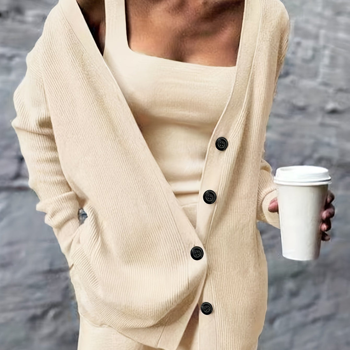  Solid Long Sleeve Button Up V Sweater