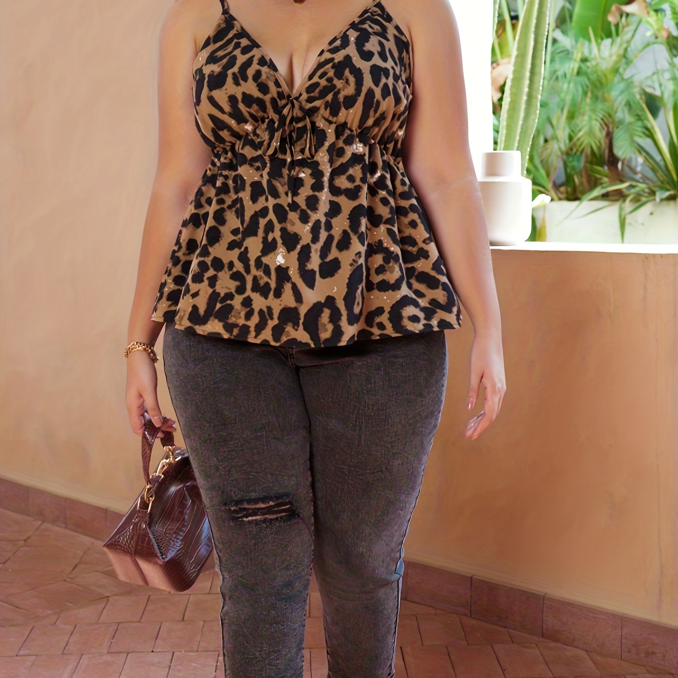  Leopard Print Bow Knot V Neck Peplum Top