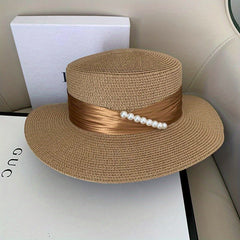 French Style Sun Hats Faux Pearl Strap Decor Flat Top Jazz Straw Hat
