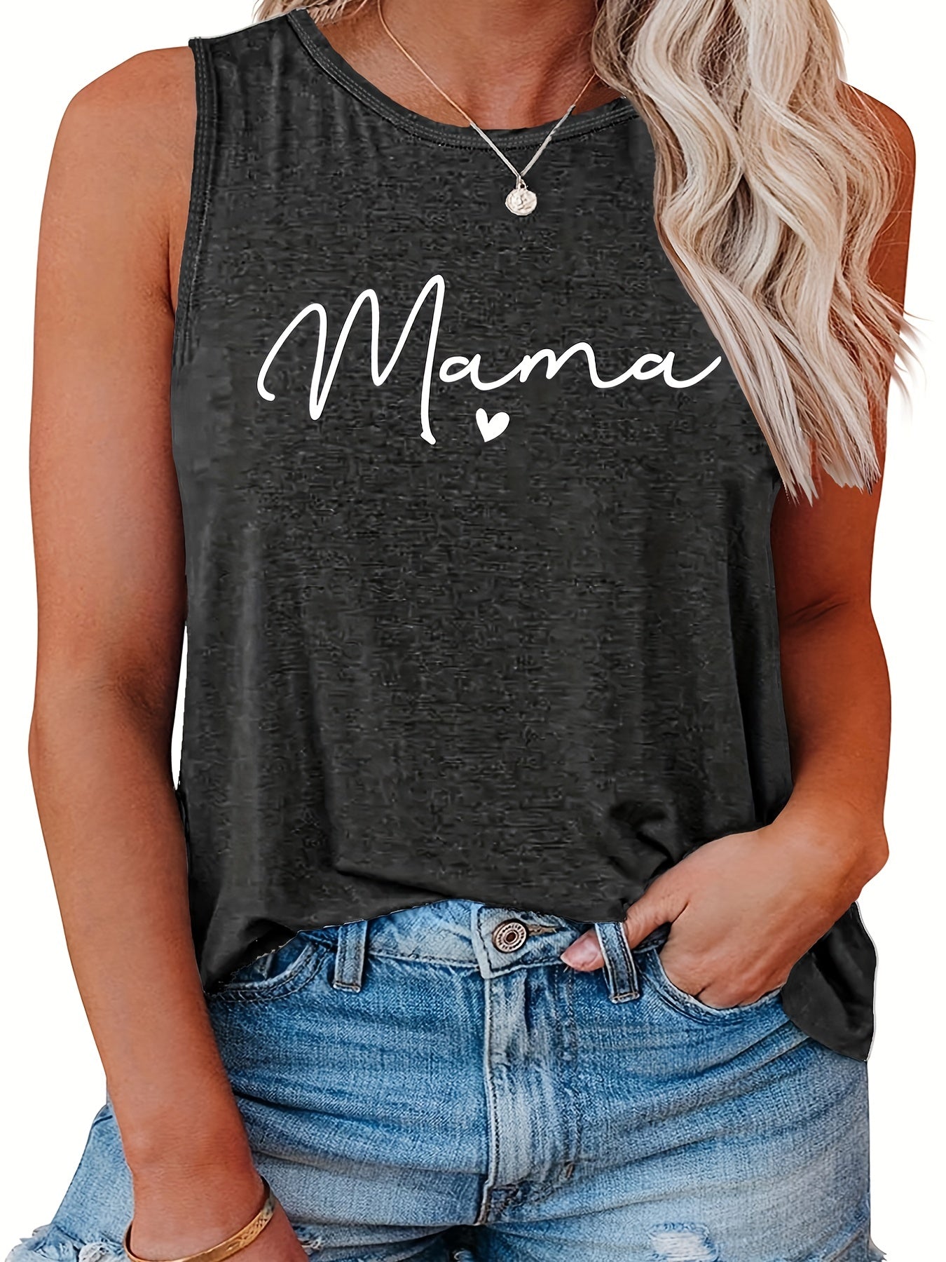  Mother's Casual Tank Top Women's Plus Letter Print Round Neck Tank Top