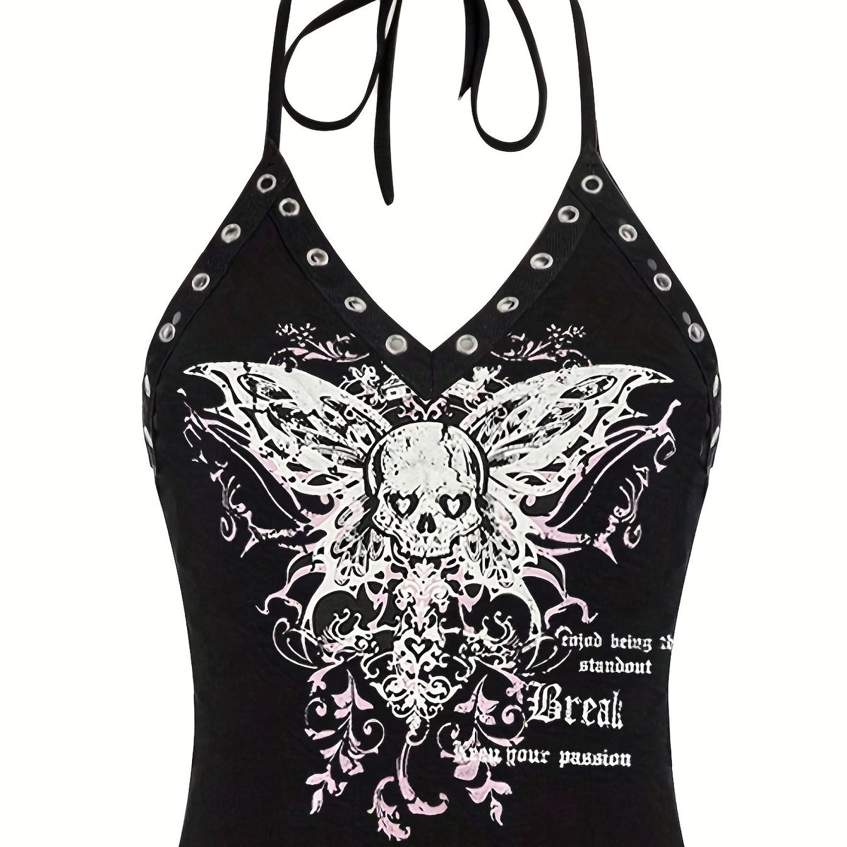 Skull Butterfly Halter Top Y2K V Neck Tie Back Summer Sleeveless