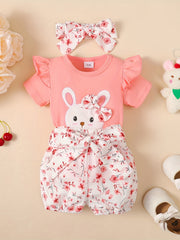 3pcs Baby Girls Rabbit Print Onesie & Floral Shorts Set
