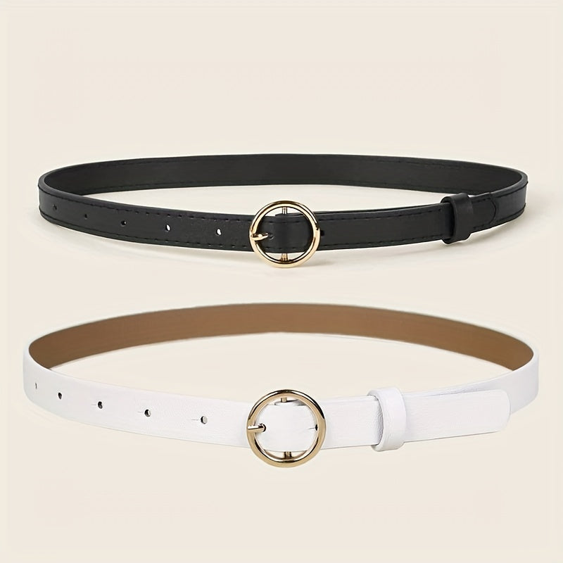 2pcs Round Pin Buckle Belt & PU Belt for Women