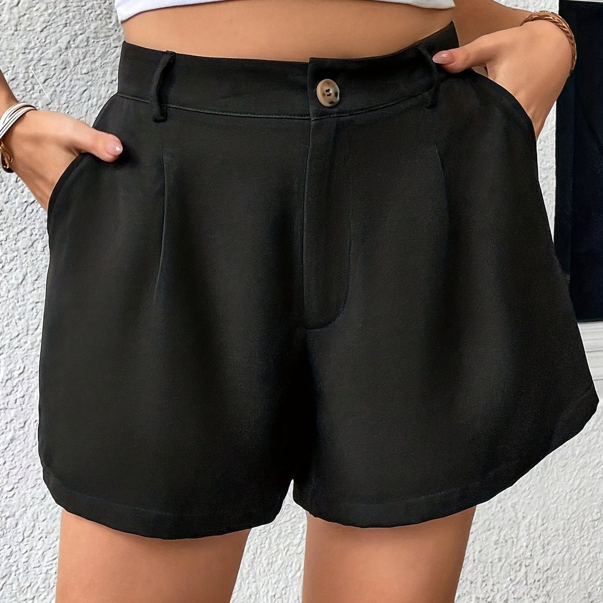  Solid High Rise Button Fly Shorts