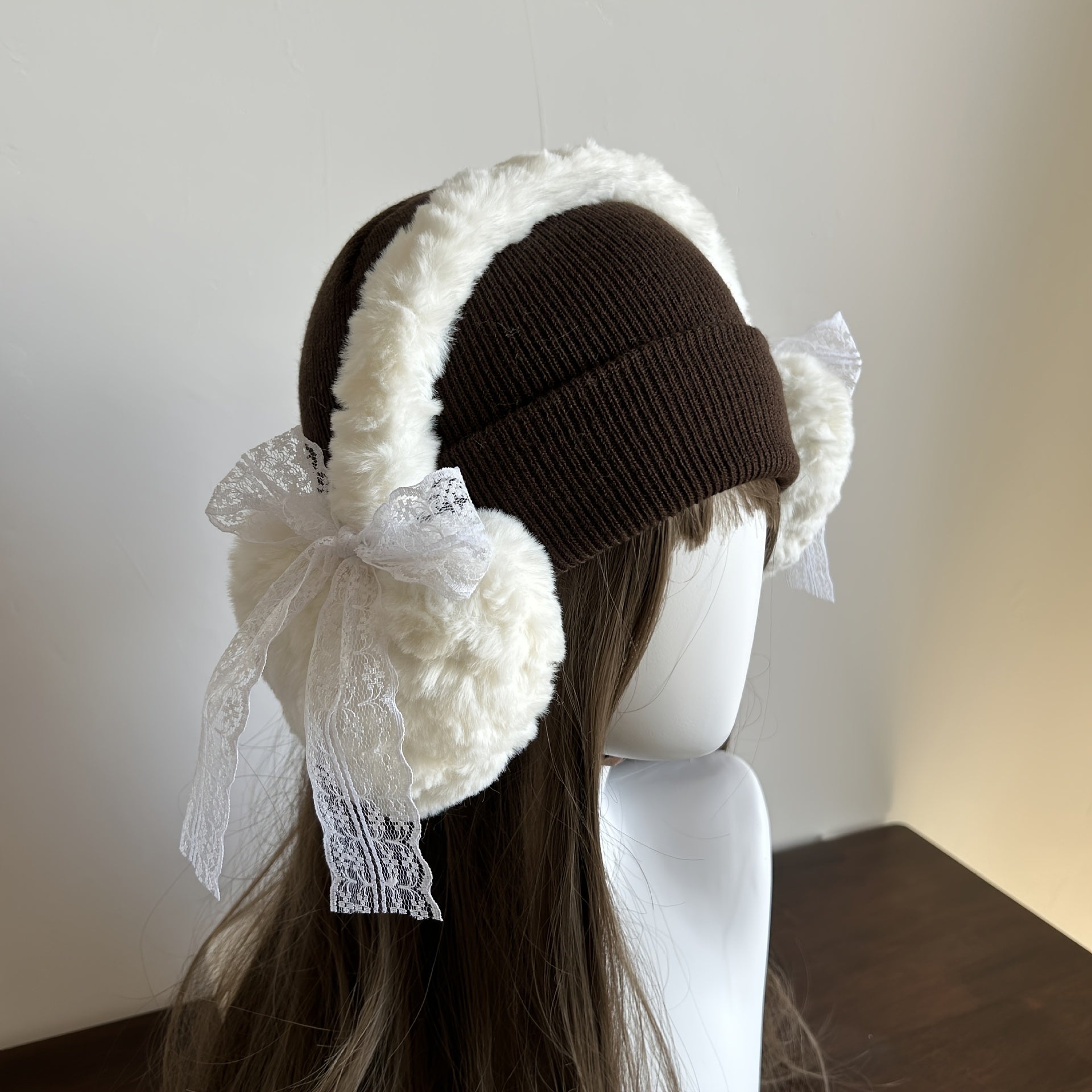 Japanese Style Winter Ear Muffs Fluffy Bow & Lace Trim Ear Warmers