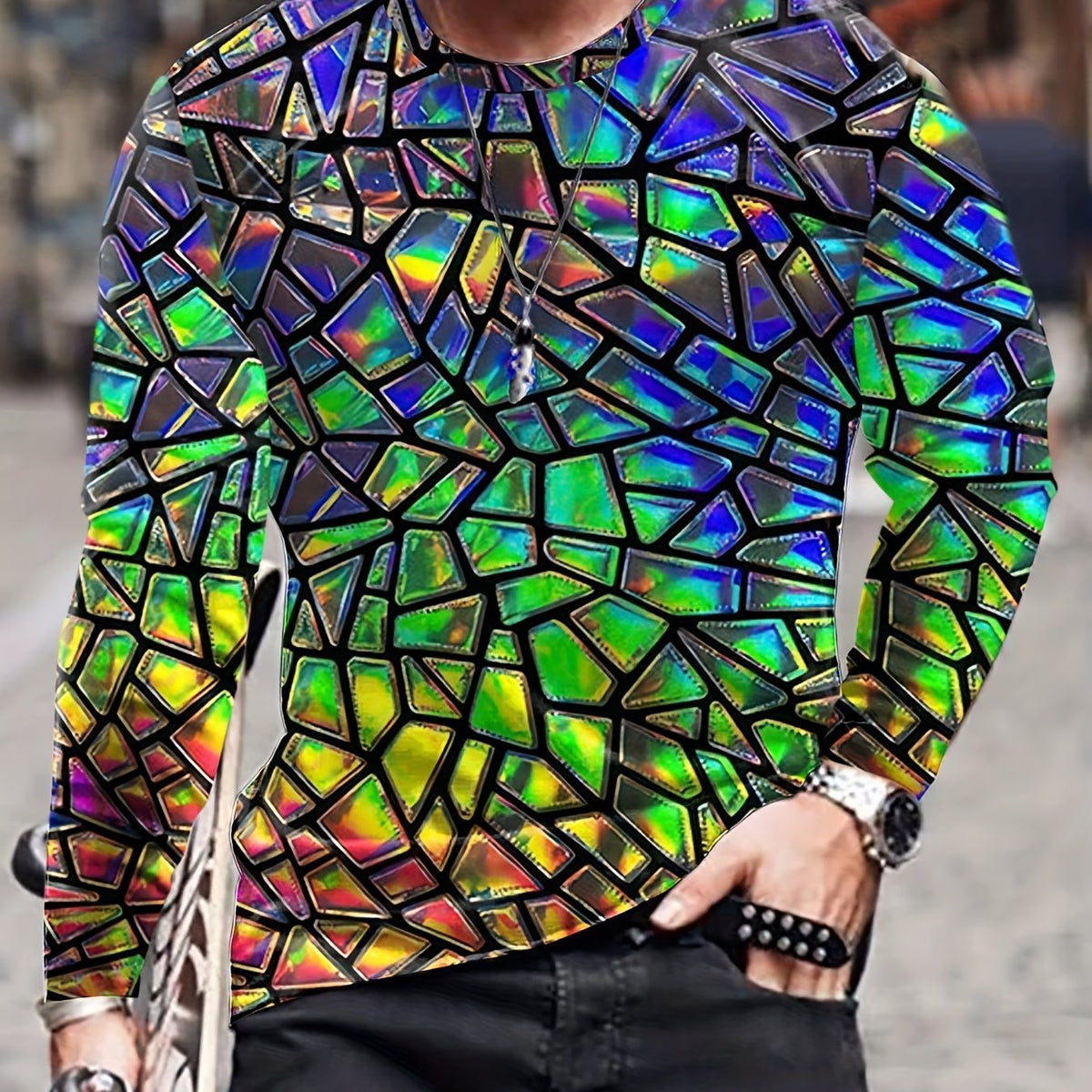 Neon Foil Print Men's Long Sleeve Tee Autumn Stylish Tee