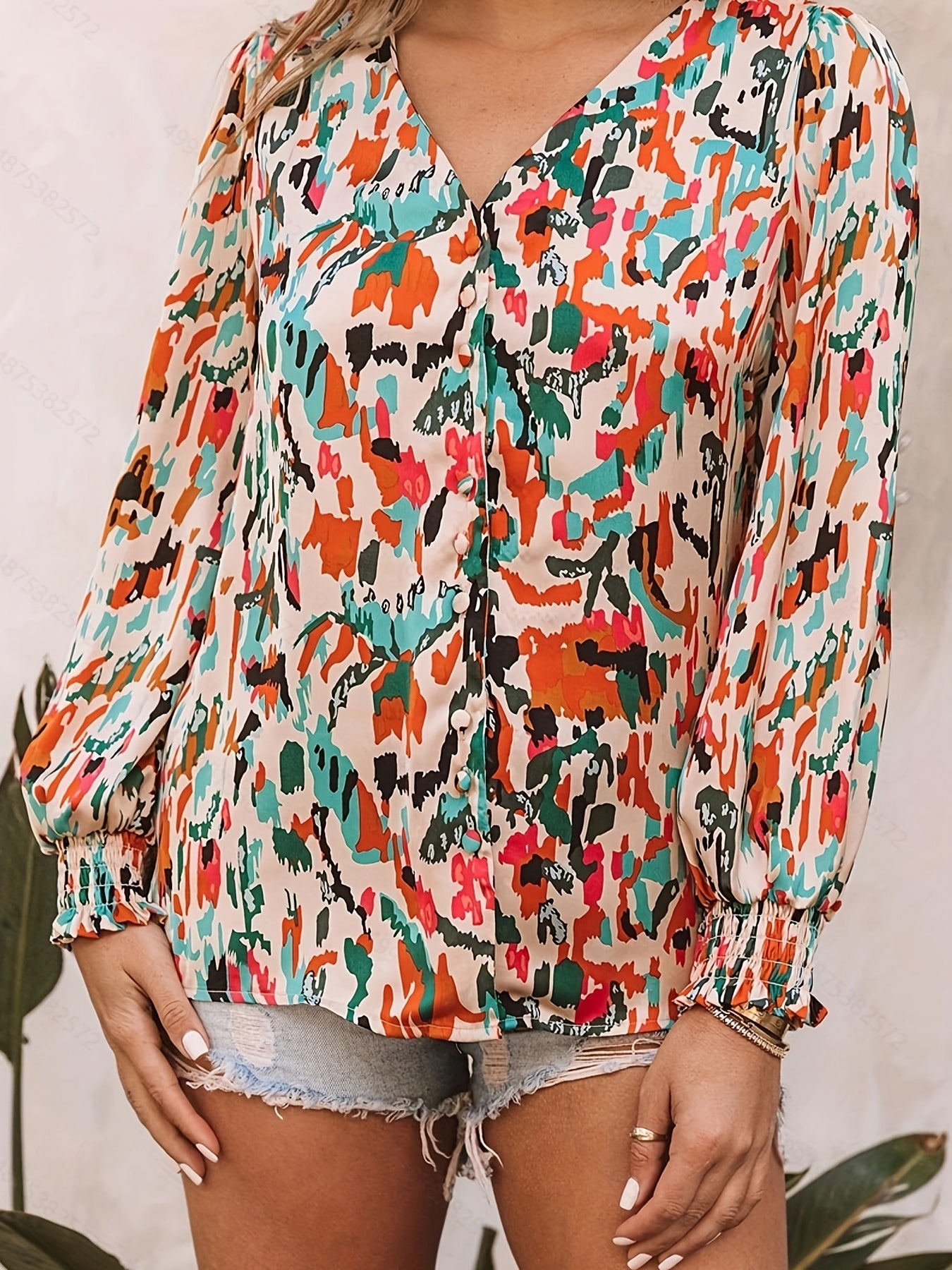  Boho Blouse Random Print Button Up V Neck Shirt Top