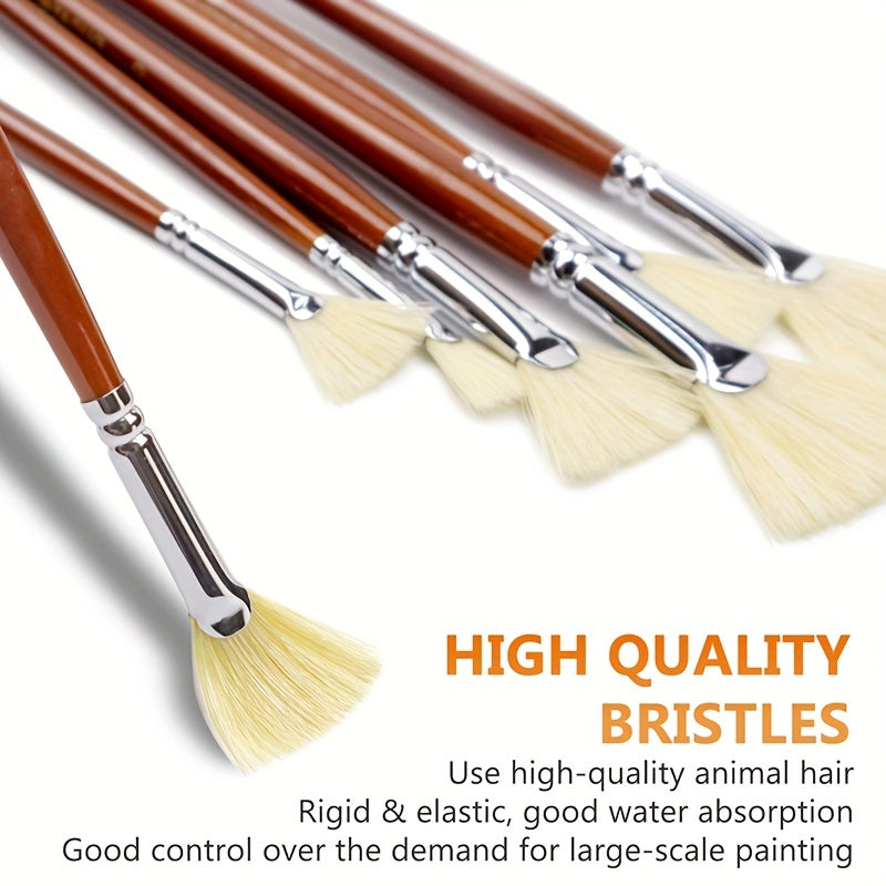 7pcs Artist Fan Brush Hog Bristle Long Handle Comfortable Acrylic Watercolor