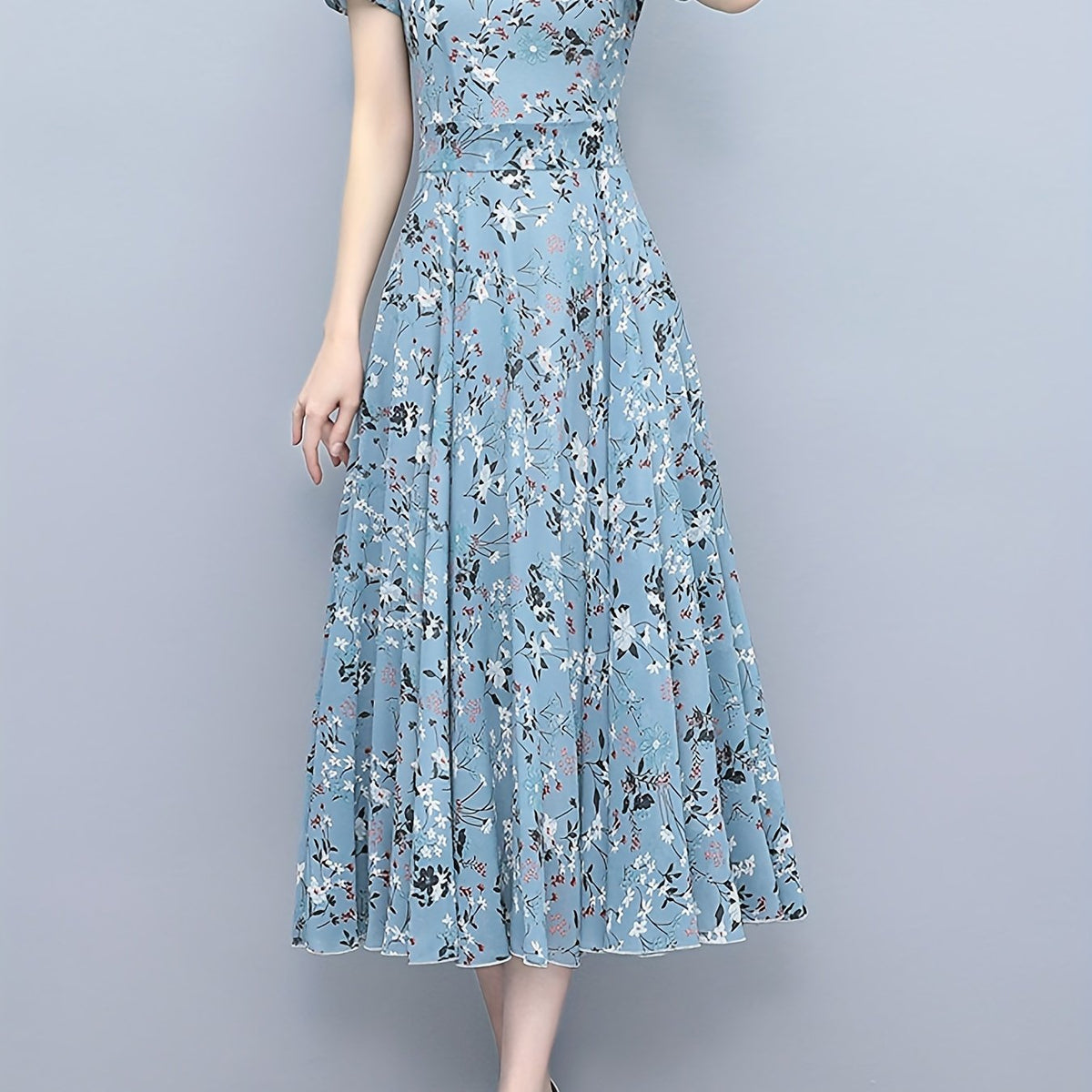 Floral Print Chiffon Dress Crew Neck Short Sleeve Casual Dress