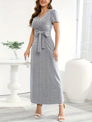  Solid Short Sleeve Maxi Dress With Belt
