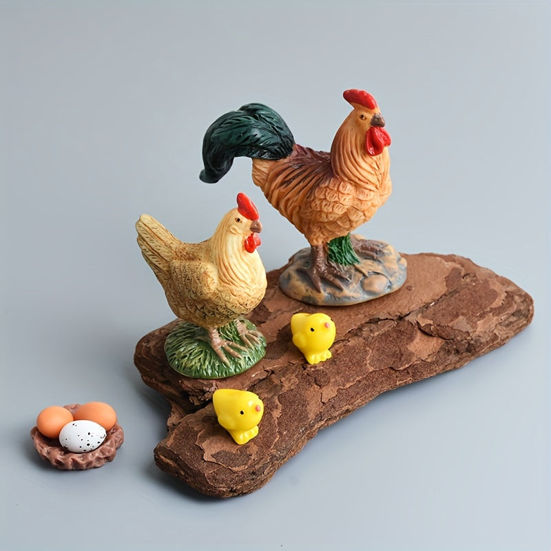 8pcs Resin Farmhouse Figurines Set - Rooster & Hen with Chicks DIY Decor