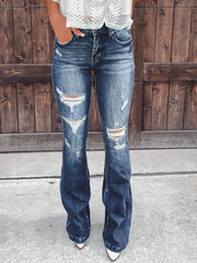  High Stretch Flare Leg Jeans Women's Button Fly Ripped Casual Denim