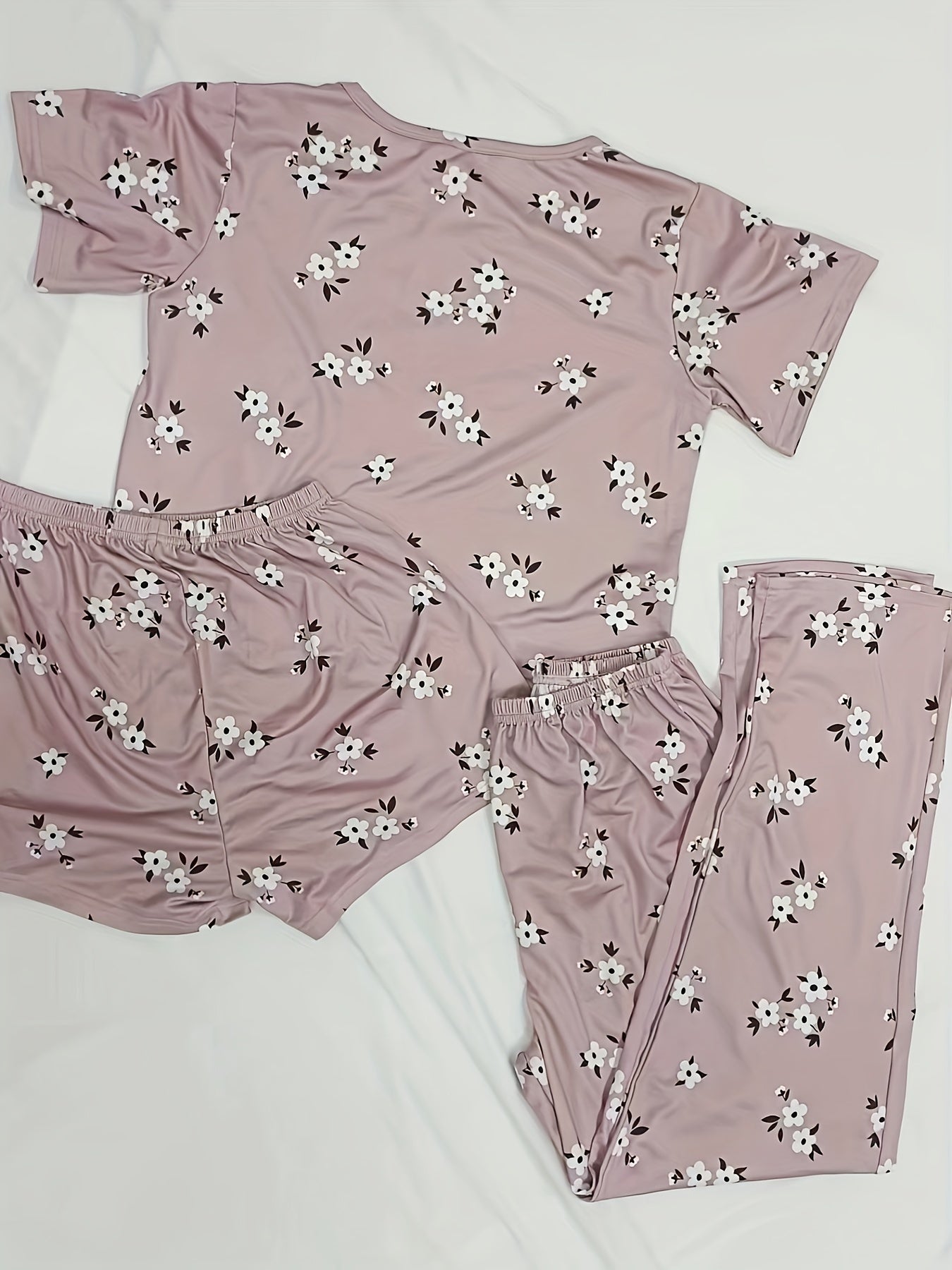 Floral Print Pajamas Set Short Sleeve Crew Neck Top & Shorts & Pants