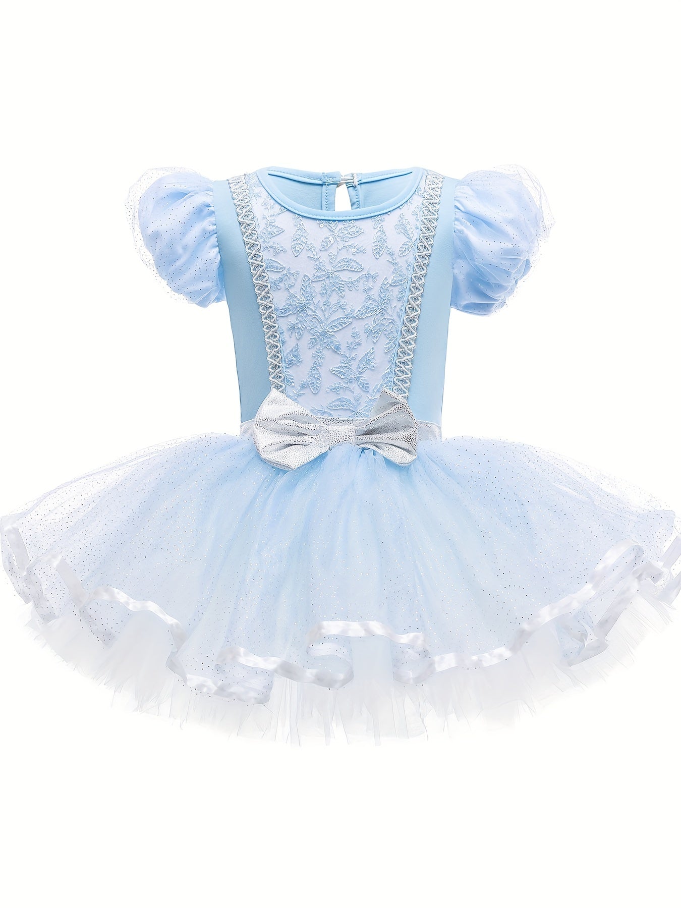 Girls Floral Embroidery Tulle Tutu Mesh Ruffled Sleeve Dance Dress